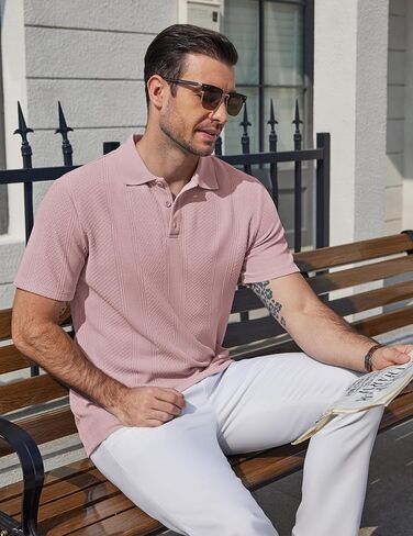 COOFANDY Mens Knit Polo Shirts Short Sleeve Casual Textured Polo Shirt Summer Vintage Collared Golf T-Shir in Saudi Arabia