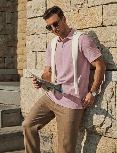 COOFANDY Mens Knit Polo Shirts Short Sleeve Casual Textured Polo Shirt Summer Vintage Collared Golf T-Shir in Saudi Arabia