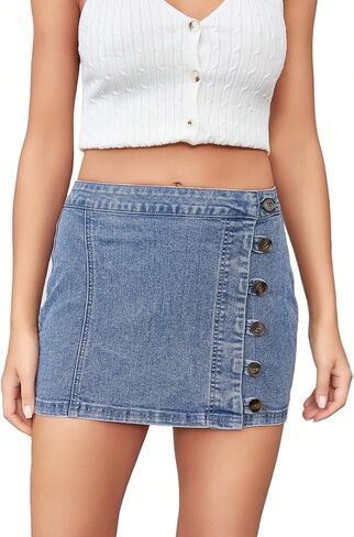 Women's High Waisted A Line Mini Skirt Button Wrap Denim Jean Skirt in Saudi Arabia