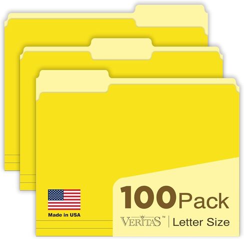 Yellow File Folders 100-Pack Letter Size 8.5" x 11" Yellow Colored Folder with 1/3-Cut Tabs Durable Pressboard Folders for Hanging Files, Office, School, Home, Business Filing Supplies, Made in USA in Kuwait