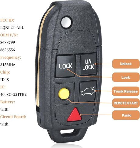 KEYECU Car Key Fob Replacement for Volvo S60 S80 V70 XC70 XC90 2004-2015 FCC ID: LQNP2T-APU Smart Remote Control Keyfob 5 Buttons 315MHz ID48 Chip in Saudi Arabia