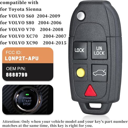 KEYECU Car Key Fob Replacement for Volvo S60 S80 V70 XC70 XC90 2004-2015 FCC ID: LQNP2T-APU Smart Remote Control Keyfob 5 Buttons 315MHz ID48 Chip in Saudi Arabia