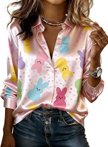 قمصان نسائية مضحكة على شكل بيضة أرنب وأكمام طويلة وأزرار سفلية، ملابس عائلية لعيد الفصح in Kuwait