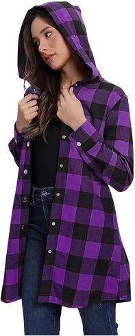 زر أسفل قميص من قماش فلانل المرأة المتضخم طويلة الأكمام منقوشة شاكيت قمصان الخريف عادية مقنعين معطف واقٍ من المطر جيوب in Kuwait