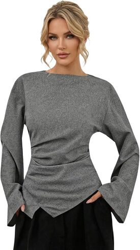 Women's Elegant Ruched Bell Long Sleeve Blouses Old Money Boat Neck Asymmetrical Business Casual Tops in Saudi Arabia