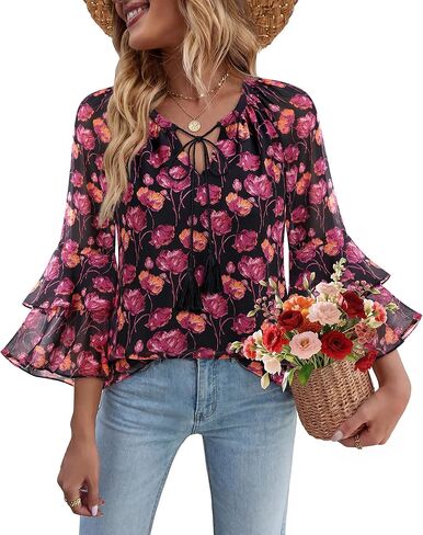 بلوزات نسائية من Bebonnie بأكمام مكشكشة كاجوال ورقبة على شكل حرف V وطبقات بوهو وربطة عنق أمامية مزهرة من الشيفون in Kuwait