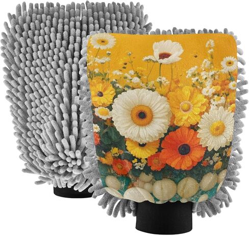 AIXIWAWA Aesthetic Flower Print Car Wash Mitt Washing Glove Scratch Free Water Absorbent 2 Pack Medium in Saudi Arabia