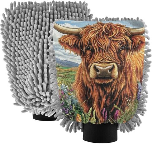 AIXIWAWA Car Wash Mitt Washing Glove Scratch Free Water Absorbent 2 Pack Medium Highland Cattle Floral Print in Saudi Arabia