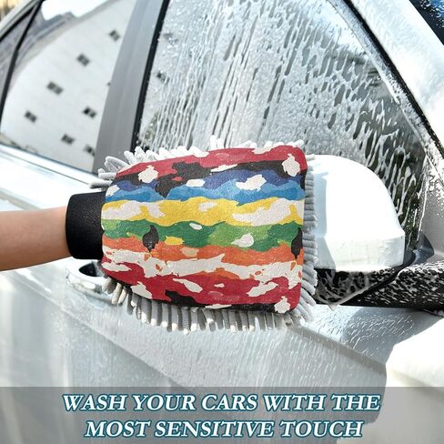 AIXIWAWA Colored Print Print Car Wash Mitt Washing Glove Scratch Free Water Absorbent 2 Pack Medium in Saudi Arabia