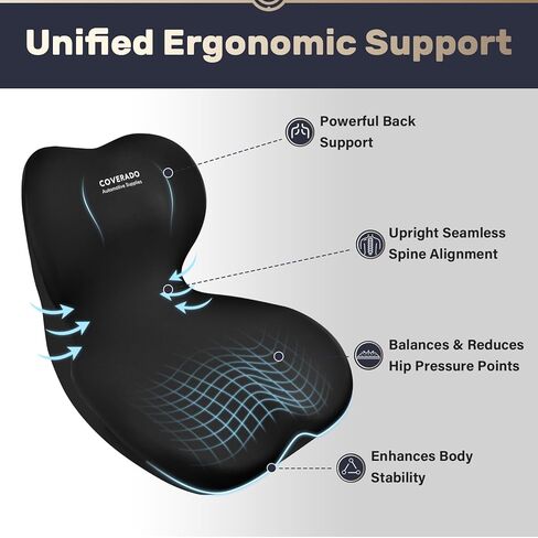 Coverado Car Seat Cushion and Lumbar Support Pillow One Piece, Memory Foam Ergonomic Back Support Driving Seat Cushion for Back Pain, Non-Slip Washable Cushion for Car, Driver, Office in Saudi Arabia