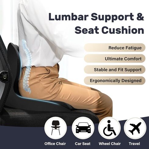 Coverado Car Seat Cushion and Lumbar Support Pillow One Piece, Memory Foam Ergonomic Back Support Driving Seat Cushion for Back Pain, Non-Slip Washable Cushion for Car, Driver, Office in Saudi Arabia