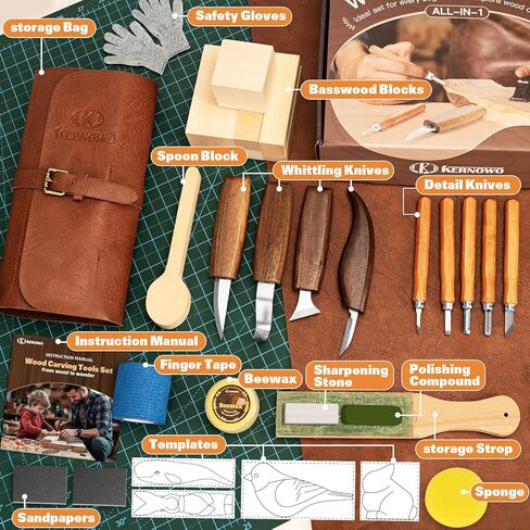 Wood Carving Kit, 32Pcs Wood Carving Tools with PU Storage Bag, Wood Whittling Knife Kit with 4pcs Templates & 11pcs Wood Carving Knives for Wood DIY Beginners in Kuwait