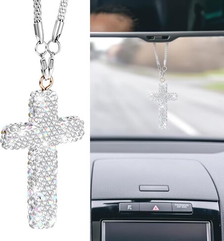 Cross for Car Mirror Hanging, Bling Car Rosary for Rearview Mirror Accessories for Women Double-Sided Diamond Cars Interior Christian Charms Stylish Cars Decor for Men & Women,White in Saudi Arabia