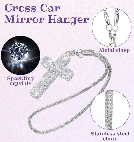 Cross for Car Mirror Hanging, Bling Car Rosary for Rearview Mirror Accessories for Women Double-Sided Diamond Cars Interior Christian Charms Stylish Cars Decor for Men & Women,White in Saudi Arabia