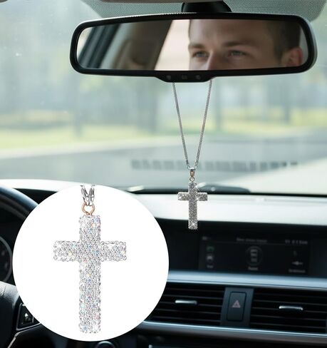 Cross for Car Mirror Hanging, Bling Car Rosary for Rearview Mirror Accessories for Women Double-Sided Diamond Cars Interior Christian Charms Stylish Cars Decor for Men & Women,White in Saudi Arabia