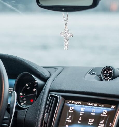 Cross for Car Mirror Hanging, Bling Car Rosary for Rearview Mirror Accessories for Women Double-Sided Diamond Cars Interior Christian Charms Stylish Cars Decor for Men & Women,White in Saudi Arabia