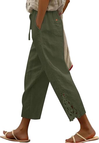 Angerella Womens Cotton Linen Pants Casual Lightweight Drawstring Elastic Waist Trousers Summer Lounge Pants with Pockets in Kuwait
