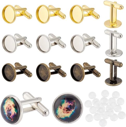 PH PandaHall 24pcs 3 Colors Brass Cufflink Bases with 24pcs Glass Cabochons, 14mm Blank Cufflinks Tray Cufflink Cuff Button Pads Round Tray Bezel Cufflink Blanks for DIY Shirt Cuff Button Wedding in Saudi Arabia
