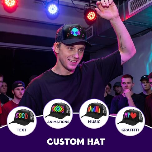 KJOY LED Hat, Bluetooth Rechargeable LED Baseball Caps with Spare Battery, Full Color APP Control Custom Text Patterns Animations Funny Hats for Man Women Black in Saudi Arabia