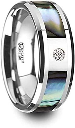 Thorsten Honolulu Mother of Pearl Inlay Tungsten Carbide Ring with Beveled Edges and White Diamond Jewelry - 8mm in Saudi Arabia