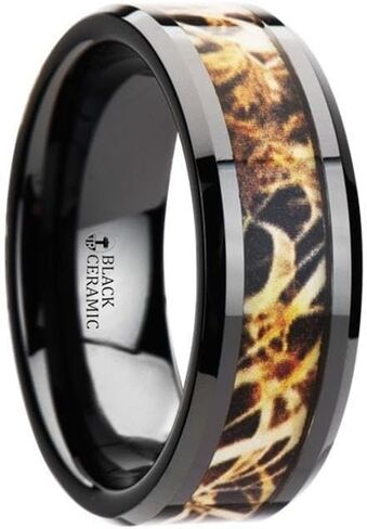 TUNDRA Black Ceramic Wedding Band with Leaves Grassland Camo Inlay Ring - 8mm in Saudi Arabia
