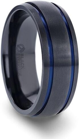 SHERIFF Domed Black Titanium Brushed Finish Men’s Wedding Ring with Blue Grooves – 8mm in Saudi Arabia