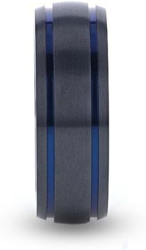 SHERIFF Domed Black Titanium Brushed Finish Men’s Wedding Ring with Blue Grooves – 8mm in Saudi Arabia