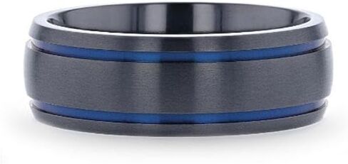 SHERIFF Domed Black Titanium Brushed Finish Men’s Wedding Ring with Blue Grooves – 8mm in Saudi Arabia