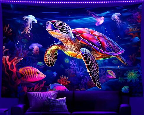QGHOT Blacklight Turtle نسيج يتوهج في الظلام المحيط نسيج الجدار شنقا ملصق السلاحف البحرية الخفيفة السوداء للأطفال في سن المراهقة غرفة نوم ديكور 37x29in in Kuwait