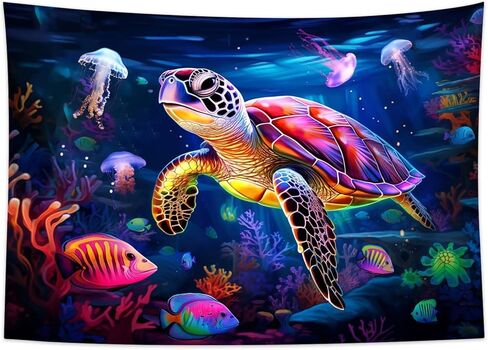 QGHOT Blacklight Turtle نسيج يتوهج في الظلام المحيط نسيج الجدار شنقا ملصق السلاحف البحرية الخفيفة السوداء للأطفال في سن المراهقة غرفة نوم ديكور 37x29in in Kuwait