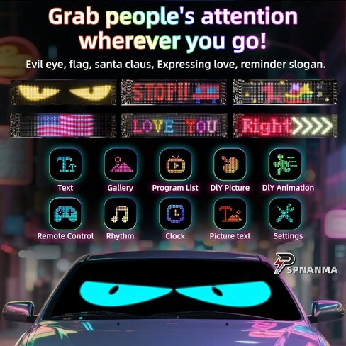 شاشة LED ذات عيون شيطانية مكونة من قطعتين للزجاج الأمامي للسيارة، لوحة مصفوفة LED قابلة للبرمجة مقاس 14 بوصة × 4.3 بوصة، لافتة مرنة مقاومة للماء لسيارة السيدان/سيارات الدفع الرباعي/الشاحنة - تطبيق بلوتوث/يعمل بمنفذ USB in Kuwait