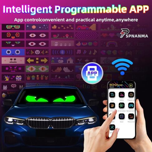 شاشة LED ذات عيون شيطانية مكونة من قطعتين للزجاج الأمامي للسيارة، لوحة مصفوفة LED قابلة للبرمجة مقاس 14 بوصة × 4.3 بوصة، لافتة مرنة مقاومة للماء لسيارة السيدان/سيارات الدفع الرباعي/الشاحنة - تطبيق بلوتوث/يعمل بمنفذ USB in Kuwait