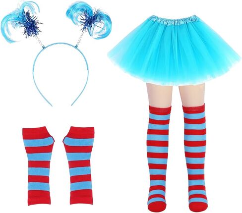 مجموعة أزياء مكونة من 4 قطع من التول الأزرق، قمصان Dr Suess Thing 1 تتضمن تنانير قصيرة وعصابة رأس طويلة وركبة وفخذك وجوارب مخططة عالية وقفازات لأزياء شخصيات الكتب للأطفال in Kuwait