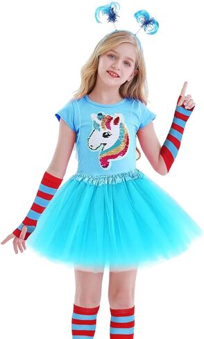 مجموعة أزياء مكونة من 4 قطع من التول الأزرق، قمصان Dr Suess Thing 1 تتضمن تنانير قصيرة وعصابة رأس طويلة وركبة وفخذك وجوارب مخططة عالية وقفازات لأزياء شخصيات الكتب للأطفال in Kuwait