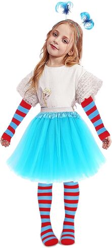 مجموعة أزياء مكونة من 4 قطع من التول الأزرق، قمصان Dr Suess Thing 1 تتضمن تنانير قصيرة وعصابة رأس طويلة وركبة وفخذك وجوارب مخططة عالية وقفازات لأزياء شخصيات الكتب للأطفال in Kuwait