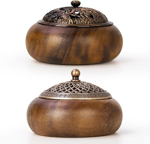 2 Pack Incense Cone Holder, Wooden Incense Burner with Brass Cover, Bakhoor Burners for Sticks Coil, Frankincense Room Home Decor Yoga Spa Meditation (R) in Kuwait