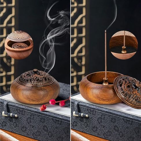 2 Pack Incense Cone Holder, Wooden Incense Burner with Brass Cover, Bakhoor Burners for Sticks Coil, Frankincense Room Home Decor Yoga Spa Meditation (R) in Kuwait