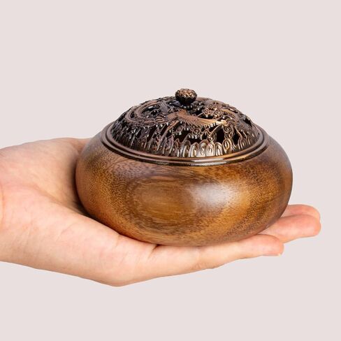 2 Pack Incense Cone Holder, Wooden Incense Burner with Brass Cover, Bakhoor Burners for Sticks Coil, Frankincense Room Home Decor Yoga Spa Meditation (R) in Kuwait