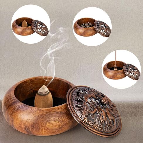 2 Pack Incense Cone Holder, Wooden Incense Burner with Brass Cover, Bakhoor Burners for Sticks Coil, Frankincense Room Home Decor Yoga Spa Meditation (R) in Kuwait