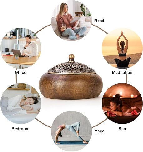 2 Pack Incense Cone Holder, Wooden Incense Burner with Brass Cover, Bakhoor Burners for Sticks Coil, Frankincense Room Home Decor Yoga Spa Meditation (R) in Kuwait