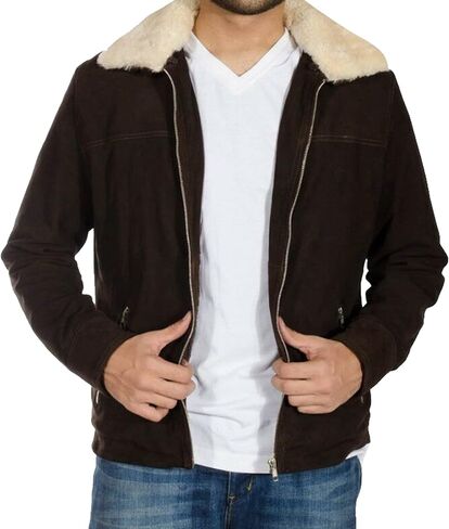 SpazeUp Walking Rick Grimse Jacket Mens - Brown Suede Jacket Men - Sherpa Collar Suede Leather Jackets Men in Saudi Arabia