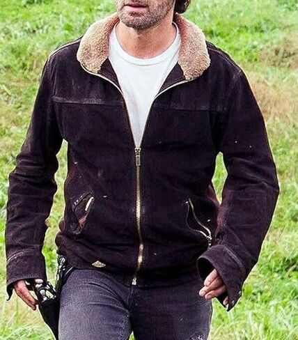 SpazeUp Walking Rick Grimse Jacket Mens - Brown Suede Jacket Men - Sherpa Collar Suede Leather Jackets Men in Saudi Arabia