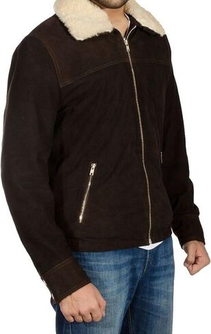 SpazeUp Walking Rick Grimse Jacket Mens - Brown Suede Jacket Men - Sherpa Collar Suede Leather Jackets Men in Saudi Arabia
