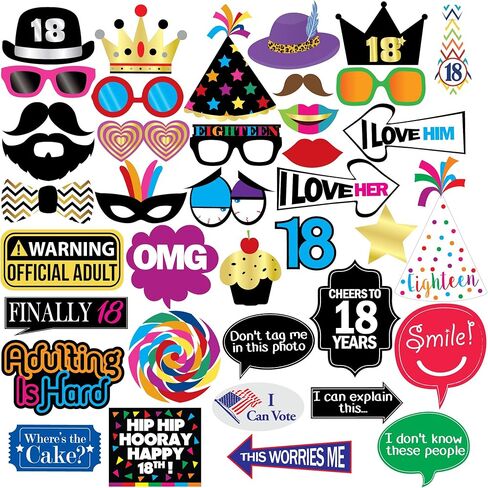18th Birthday Photo Booth Props - 40 Pieces - Funny Birthday Party Supplies for Him or Her - Photo Booth Decorations, Favors and Gifts in Saudi Arabia