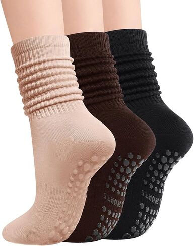 Pilates Socks with Grips for Women Non Slip Yoga Grippy Slouch Scrunch Socks for Barre Workout Hospital 3 Pairs in Saudi Arabia