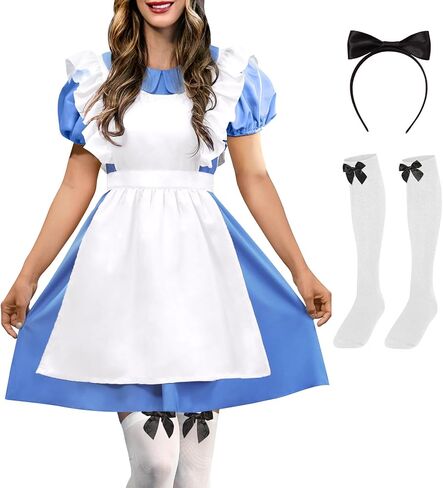Women Halloween Blue White Puff Sleeve Princess Costume Dress with Apron Headband Socks 4-Piece Set XS–XXL in Saudi Arabia