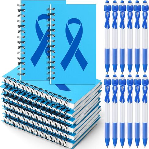 12 Sets Colon Cancer Awareness Notepads Blue Ribbon Retractable Pens Prostate Colorectal Colon Notebooks Ribbon Ballpoint Pens Survivor Fighter Charity Fundraising Event Gift in Saudi Arabia