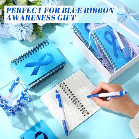 12 Sets Colon Cancer Awareness Notepads Blue Ribbon Retractable Pens Prostate Colorectal Colon Notebooks Ribbon Ballpoint Pens Survivor Fighter Charity Fundraising Event Gift in Saudi Arabia