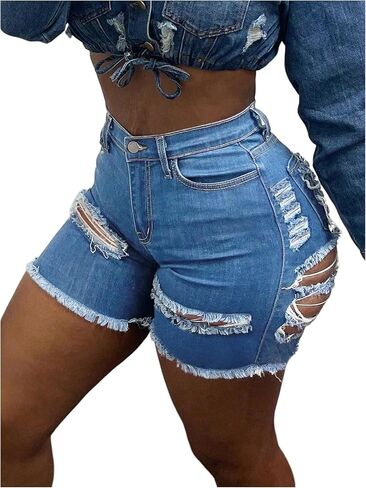 Floerns Women's Ripped Raw Trim Skinny Jeans Y2k Distressed High Waisted Straight Leg Denim Shorts in Saudi Arabia