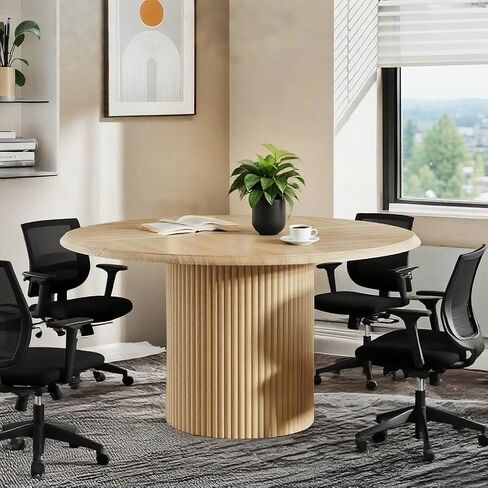 Tribesigns 47" Round Conference Table for 4-6 People, Farmhouse Wooden Meeting Room Table with Sturdy Fluted Metal Base, Modern Office Training Desk for Office, Conference Room in Saudi Arabia